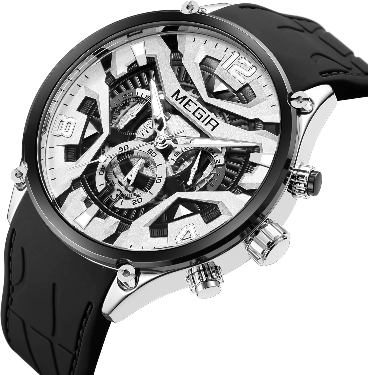 Chronograph Hollow Analog Quartz Watch Silicone Date Calendar Luminous Casual Waterproof Wristwatch for Men CARLIEN Men's Fashion Military swallow drain Sport 