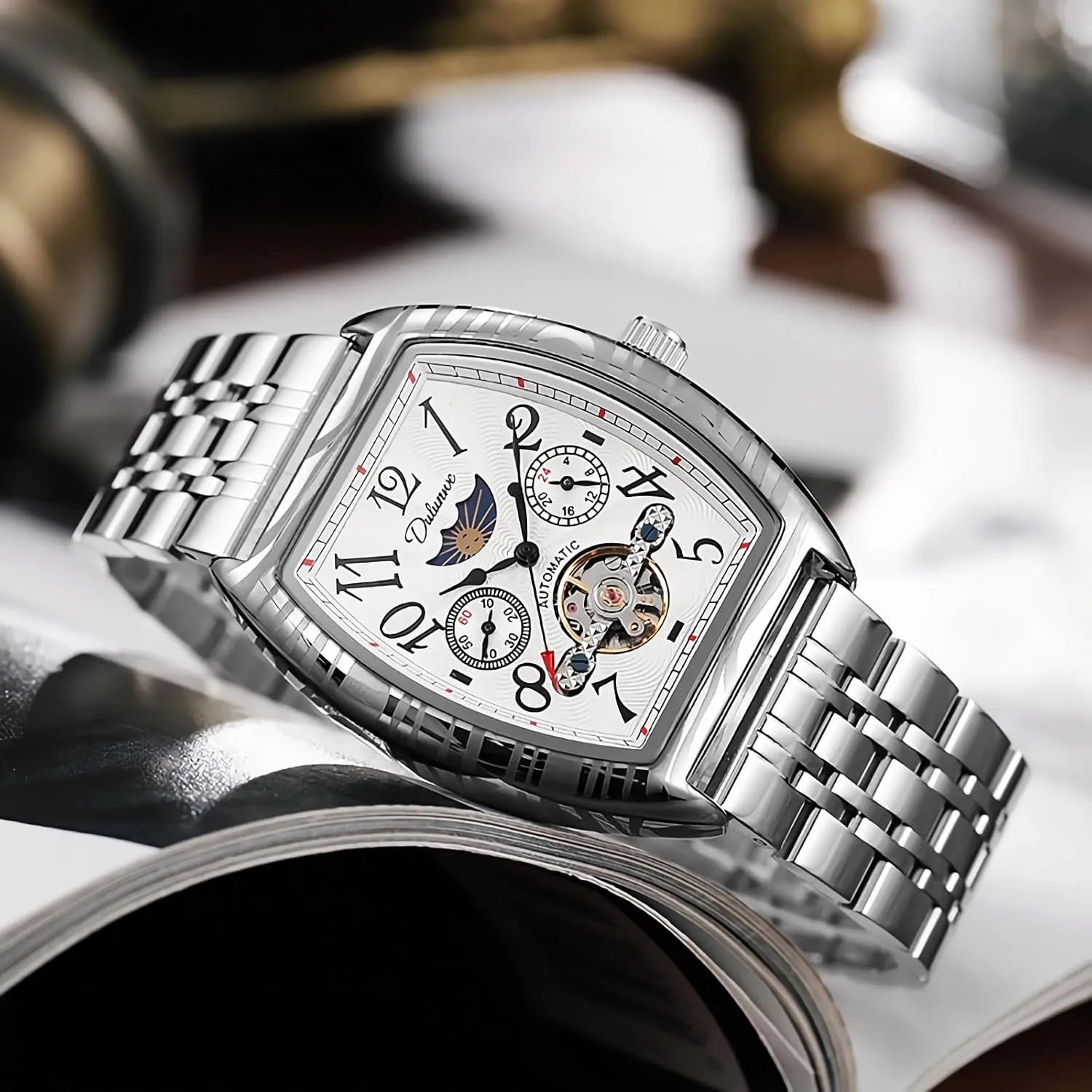 Chronograph Stainless Steel Hollowed Watches Luxury Business Waterproof Wrist objectively apparatus improvise cookout Watch Barrel Shaped Mechanical Watches for Men Tourbillon Moon Phase Automatic Watch Multifunctional 