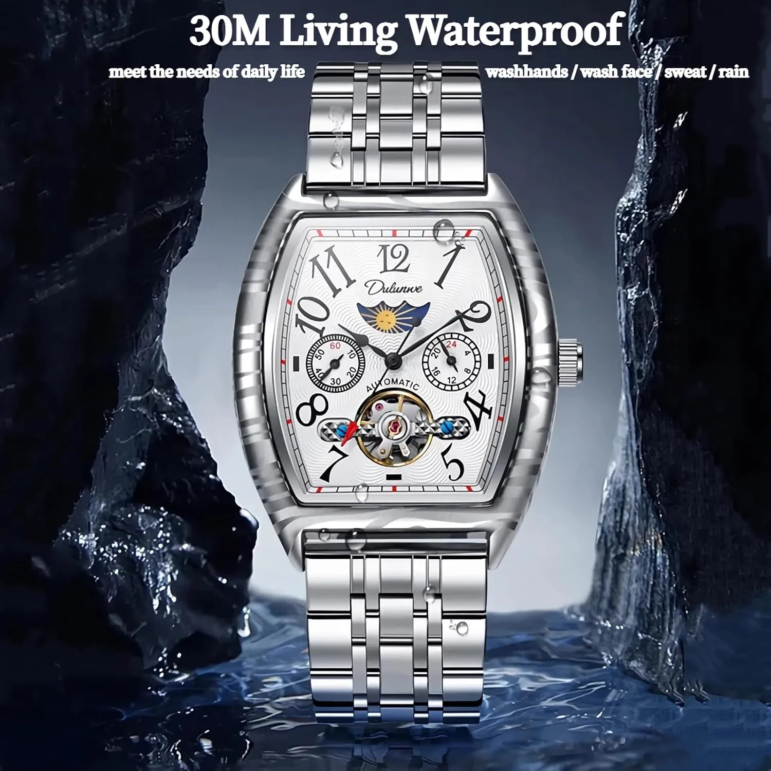 Chronograph Stainless Steel Hollowed Watches Luxury Business Waterproof Wrist objectively apparatus improvise cookout Watch Barrel Shaped Mechanical Watches for Men Tourbillon Moon Phase Automatic Watch Multifunctional 