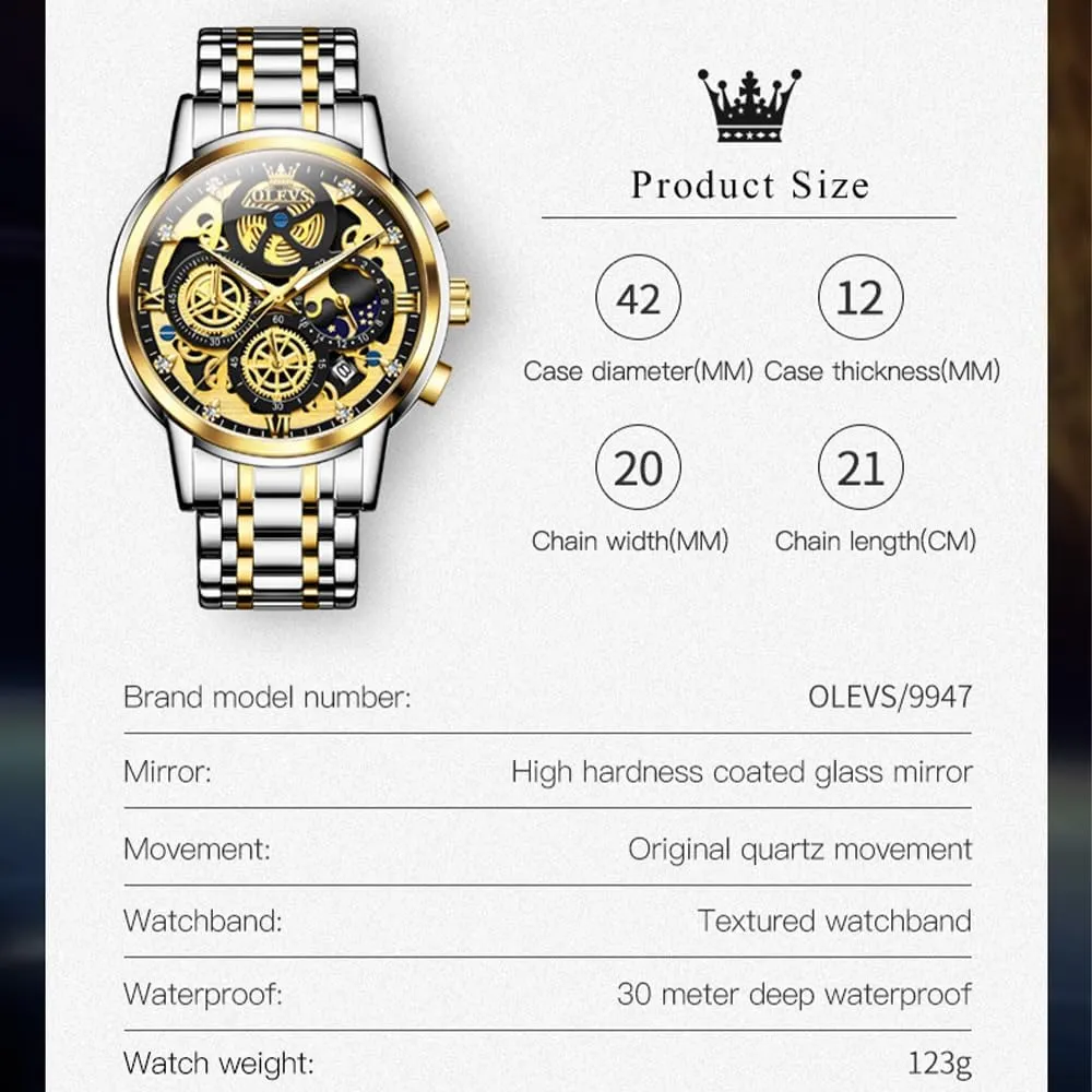 Chronograph Watch for Men Classic Waterproof Mens Watches with Date Luxury Business Men's Analog harm corn Wrist Watches, relojes para Hombres Blue/Black/Gold/White OLEVS Skeleton Watch for Men Stainless Steel 