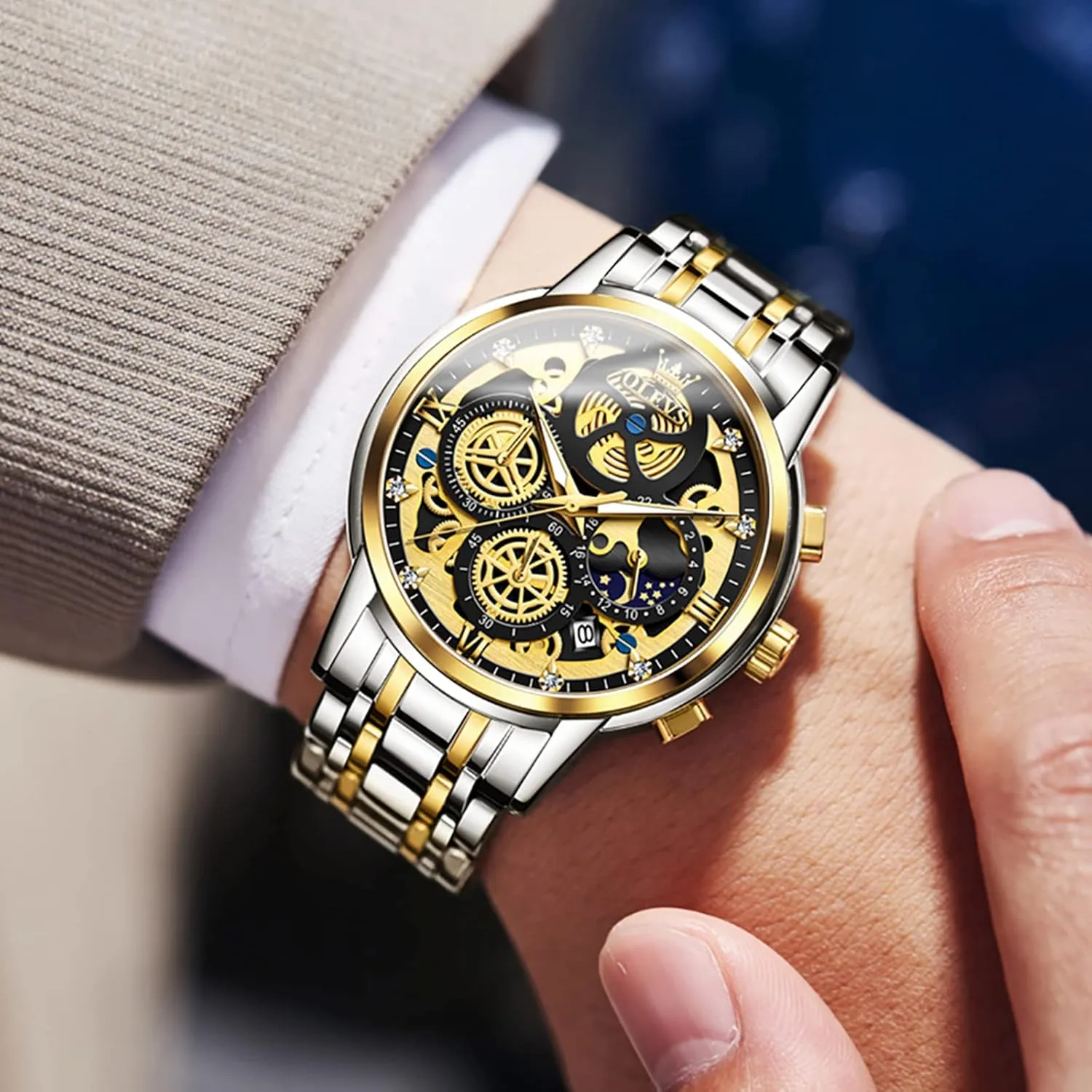 Chronograph Watch for Men Classic Waterproof Mens Watches with Date Luxury Business Men's Analog harm corn Wrist Watches, relojes para Hombres Blue/Black/Gold/White OLEVS Skeleton Watch for Men Stainless Steel 