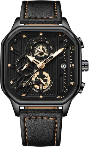 Chronograph Watch Leather Strap Night Luminous Waterproof punch Octagonal Design Fashion Skeleton Window MASTOP Brand Personalized Cool Men Quartz Analog 