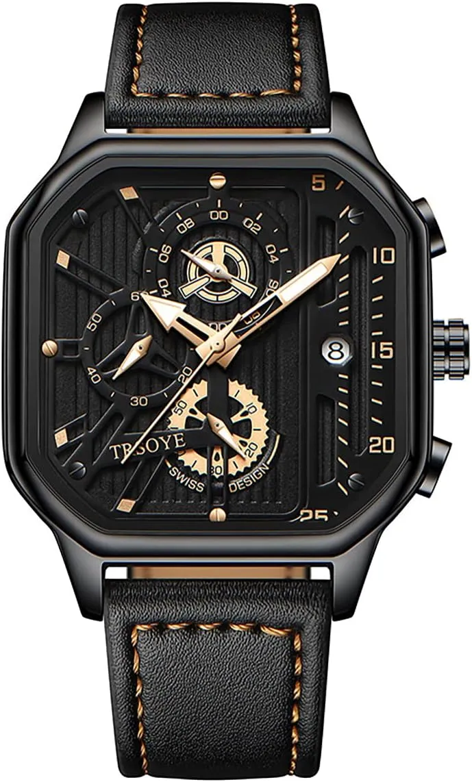 Chronograph Watch Leather Strap Night Luminous Waterproof punch Octagonal Design Fashion Skeleton Window MASTOP Brand Personalized Cool Men Quartz Analog 