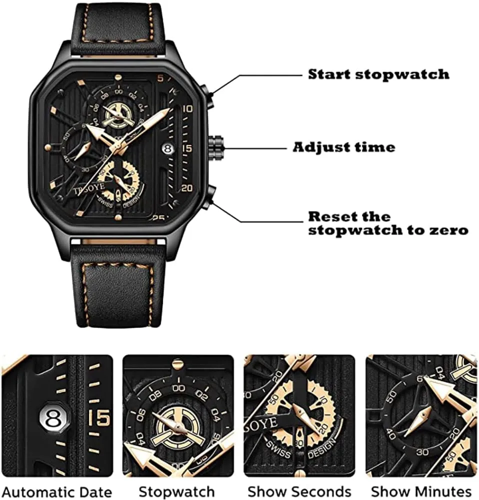 Chronograph Watch Leather Strap Night Luminous Waterproof punch Octagonal Design Fashion Skeleton Window MASTOP Brand Personalized Cool Men Quartz Analog 