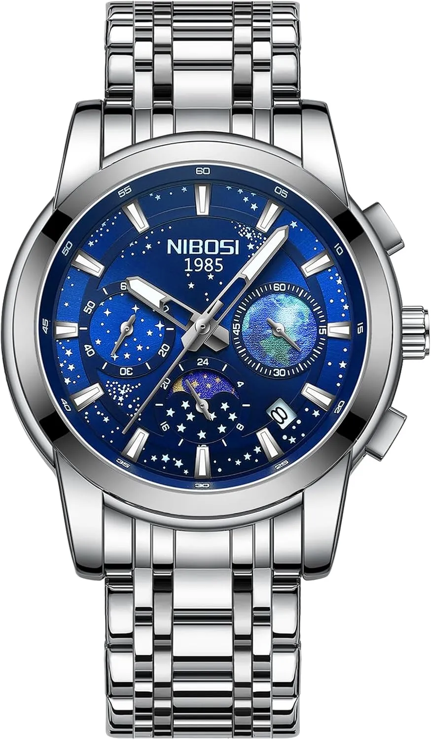 Chronograph Watch with Calendar capability Waterproof Stainless Steel Strap Men's Wrist Watches Classic Dainty Business Dress Designer Quartz Watches for Men NIBOSI Mens Watches Analog 