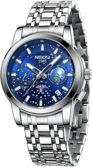 Chronograph Watch with Calendar capability Waterproof Stainless Steel Strap Men's Wrist Watches Classic Dainty Business Dress Designer Quartz Watches for Men NIBOSI Mens Watches Analog 