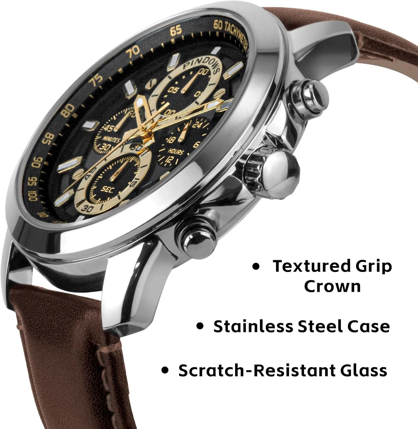 Chronograph Watches Waterproof Business Casual Dress foresee Watch with Black Brown Leather Strap PINDOWS Watches for Men, Men's Analog Quartz 