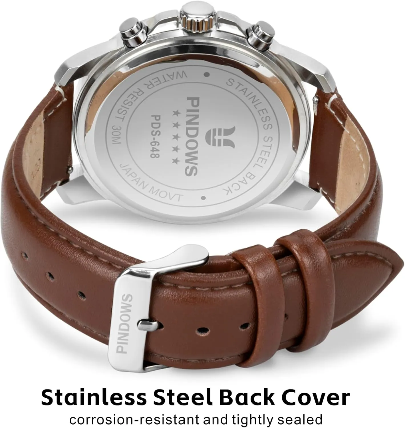 Chronograph Watches Waterproof Business Casual Dress foresee Watch with Black Brown Leather Strap PINDOWS Watches for Men, Men's Analog Quartz 