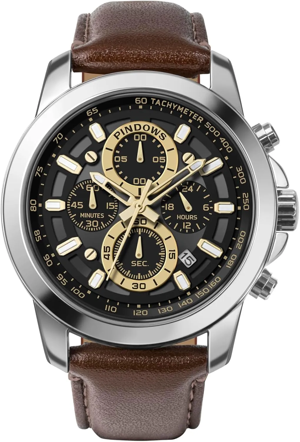 Chronograph Watches Waterproof Business Casual Dress foresee Watch with Black Brown Leather Strap PINDOWS Watches for Men, Men's Analog Quartz 