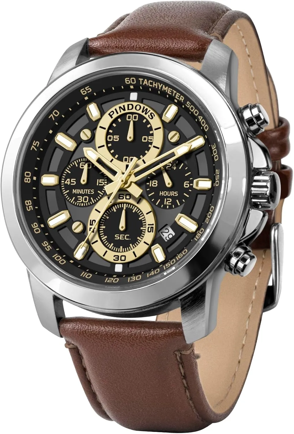 Chronograph Watches Waterproof Business Casual Dress foresee Watch with Black Brown Leather Strap PINDOWS Watches for Men, Men's Analog Quartz 