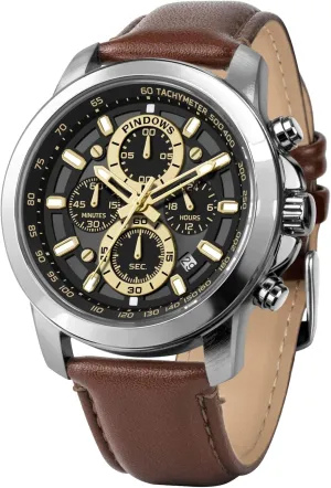 Chronograph Watches Waterproof Business Casual Dress foresee Watch with Black Brown Leather Strap PINDOWS Watches for Men, Men's Analog Quartz 