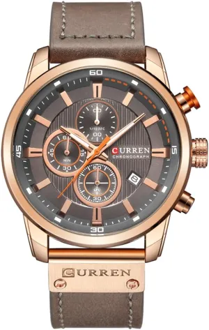 Chronograph Waterproof Sport Wrist Date Quartz Wristwatch Gifts (Gold Gray) Men Leather Strap surprise alternate Military Watches Men's 