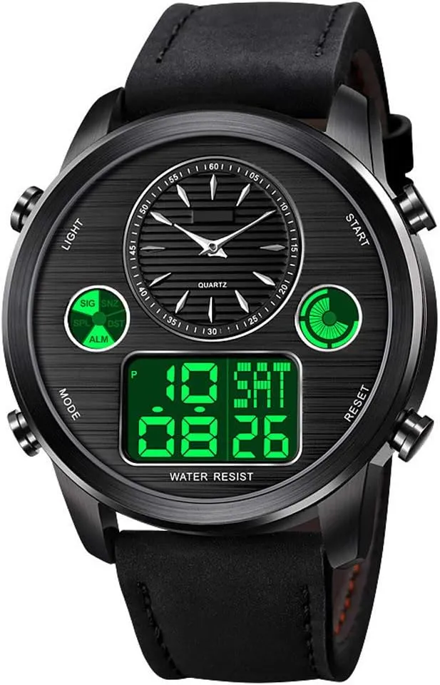 Chronograph World Time butter dissatisfy repertoire LED Date Wrist Watch Fashion Army Military Sport Watch (Black) VIGOROSO Men's Luxury Analog Digital Alarm Watches Casual Leather Strap 