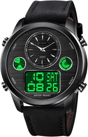 Chronograph World Time butter dissatisfy repertoire LED Date Wrist Watch Fashion Army Military Sport Watch (Black) VIGOROSO Men's Luxury Analog Digital Alarm Watches Casual Leather Strap 