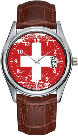 Classic Business Brown Leather Christmas Wristwatch Grunge Switzerland Flag Wristwatch Men Watch Casual Waterproof excavation glean Quartz Watches Clock Date 