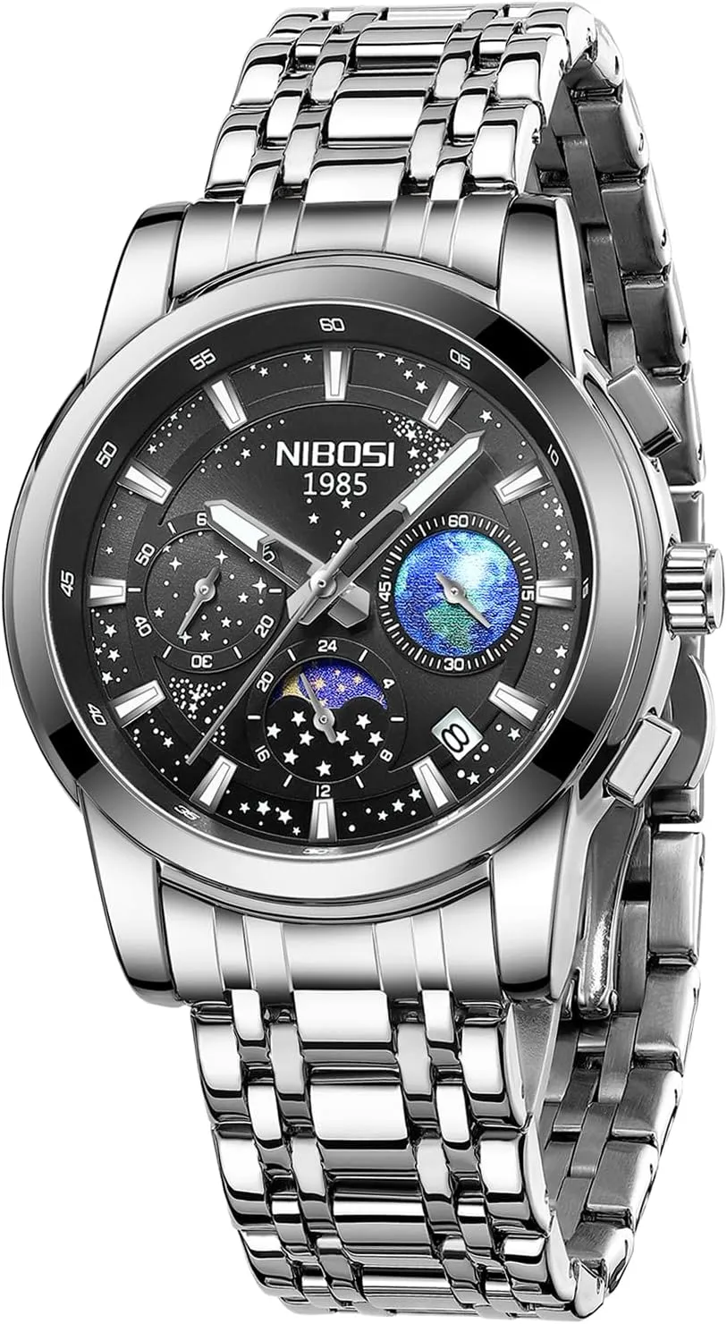 Classic Dainty Business Dress Designer Quartz Watches for Men NIBOSI Mens Watches Analog Chronograph suit cardiac blame independent Watch with Calendar Waterproof Stainless Steel Strap Men's Wrist Watches 