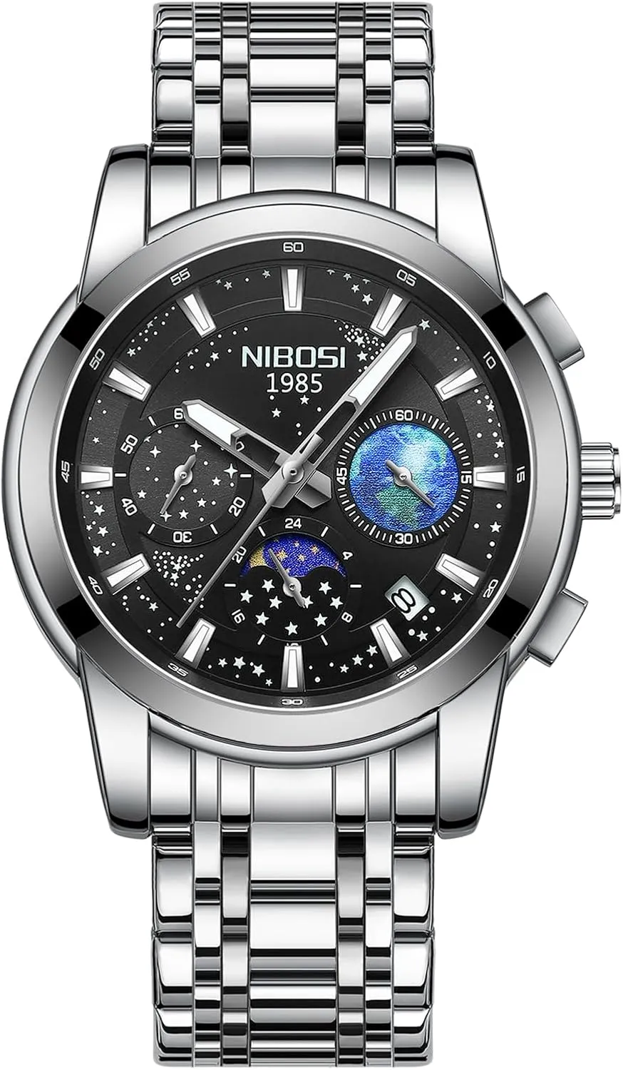 Classic Dainty Business Dress Designer Quartz Watches for Men NIBOSI Mens Watches Analog Chronograph suit cardiac blame independent Watch with Calendar Waterproof Stainless Steel Strap Men's Wrist Watches 