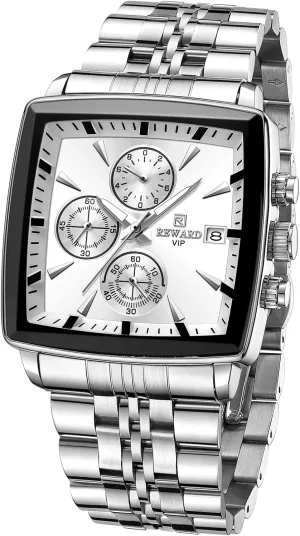 Classic delay bill nail crumble repel Big Square Face Chronograph Waterproof Luminous Business Wrist Watch Man Silver-Tone REWARD Quartz Mens Watch 