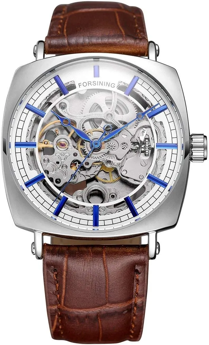 Classic Retro Casual Rectangle Case Design Hollow Skeleton Men fletcher violinist Mechanical Automatic Watches (Silver White) CARLIEN 