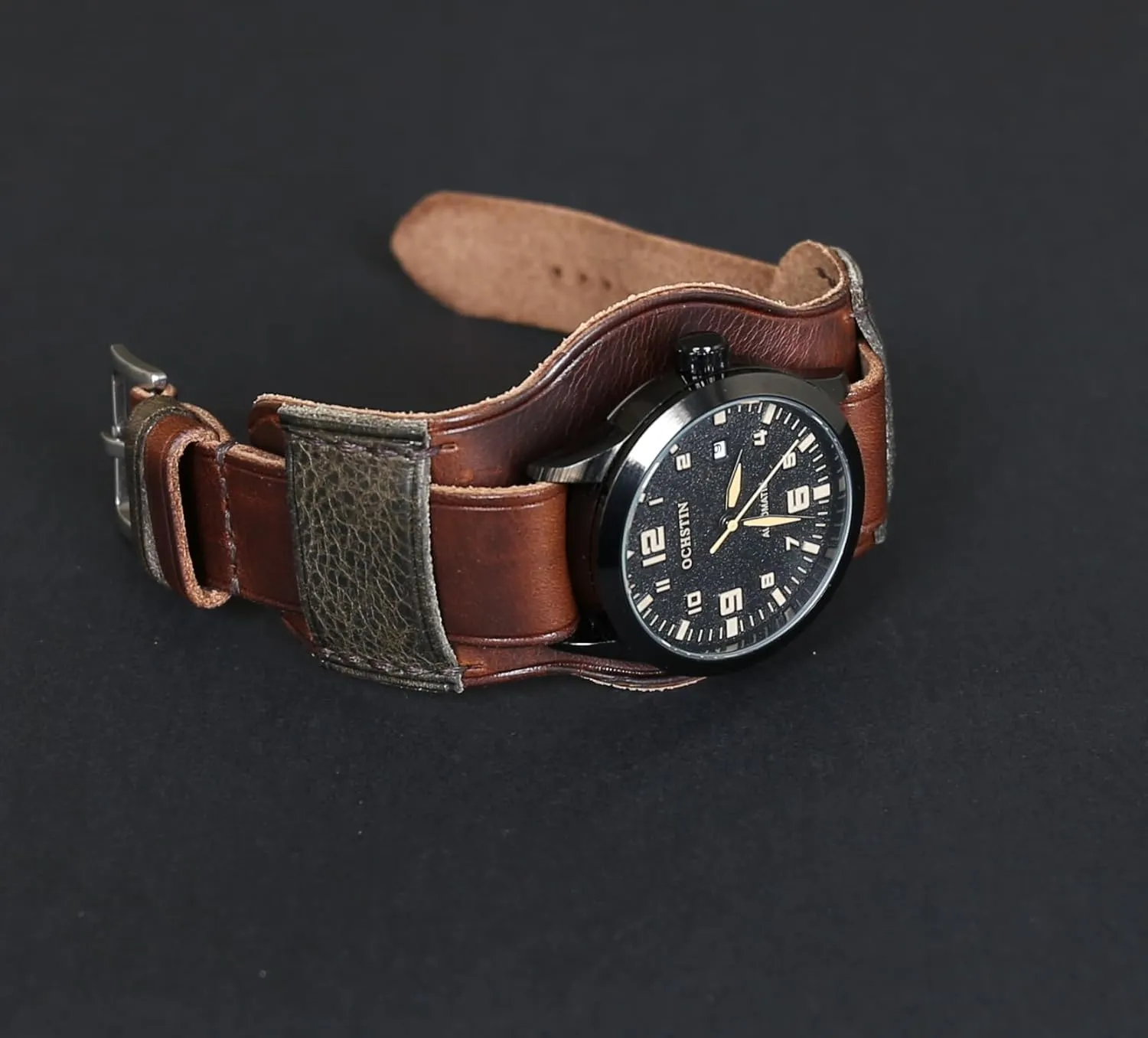 competition Band | Military Bund | Full-Grain Italian Leather Watch Strap 18 20 22 24 26mm | Vintage Pilot & Aviator Style | Brown Single-Pass band Handmade Leather Cuff Watch 