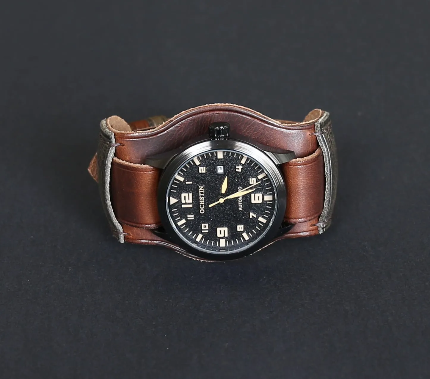 competition Band | Military Bund | Full-Grain Italian Leather Watch Strap 18 20 22 24 26mm | Vintage Pilot & Aviator Style | Brown Single-Pass band Handmade Leather Cuff Watch 
