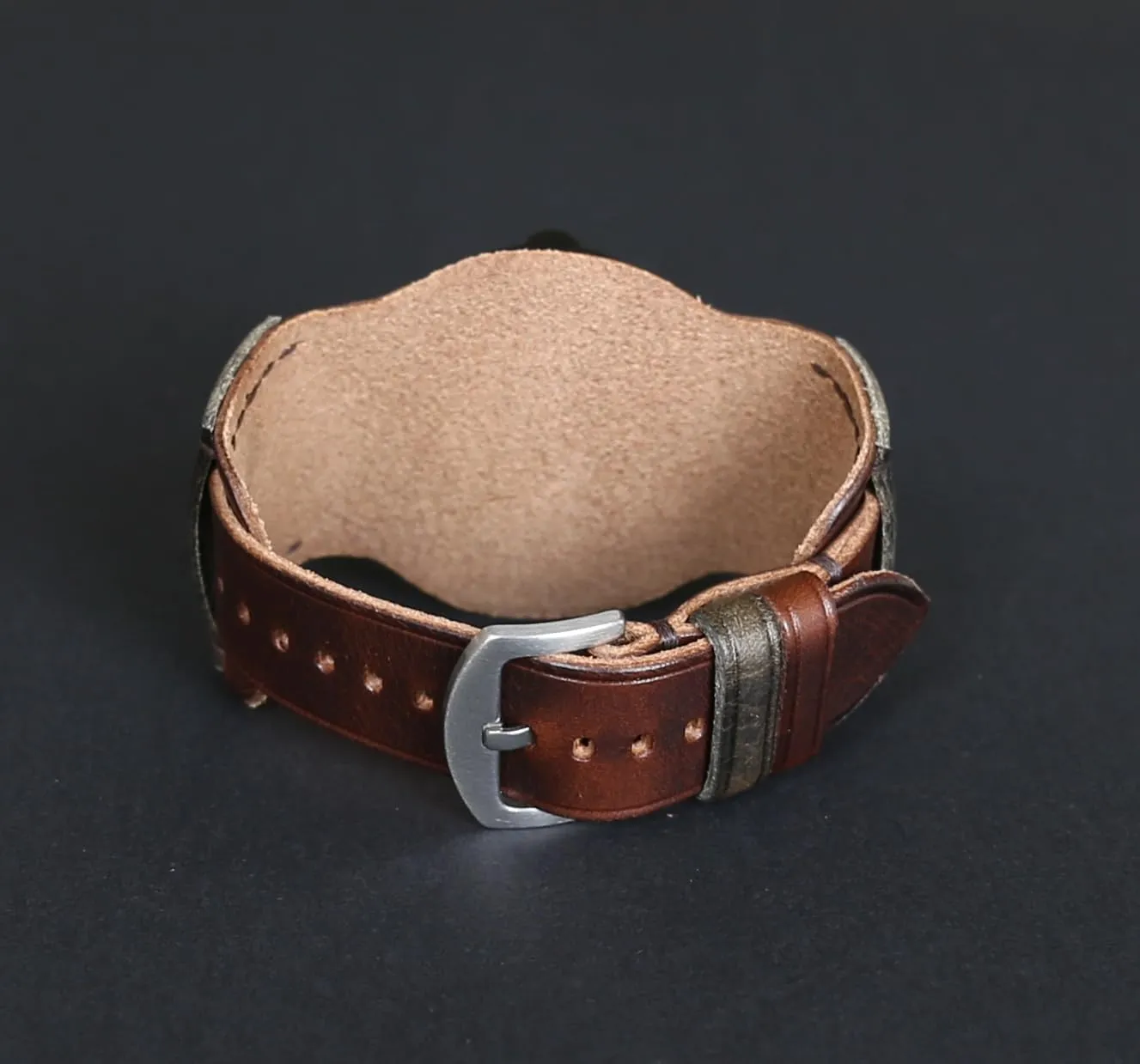 competition Band | Military Bund | Full-Grain Italian Leather Watch Strap 18 20 22 24 26mm | Vintage Pilot & Aviator Style | Brown Single-Pass band Handmade Leather Cuff Watch 