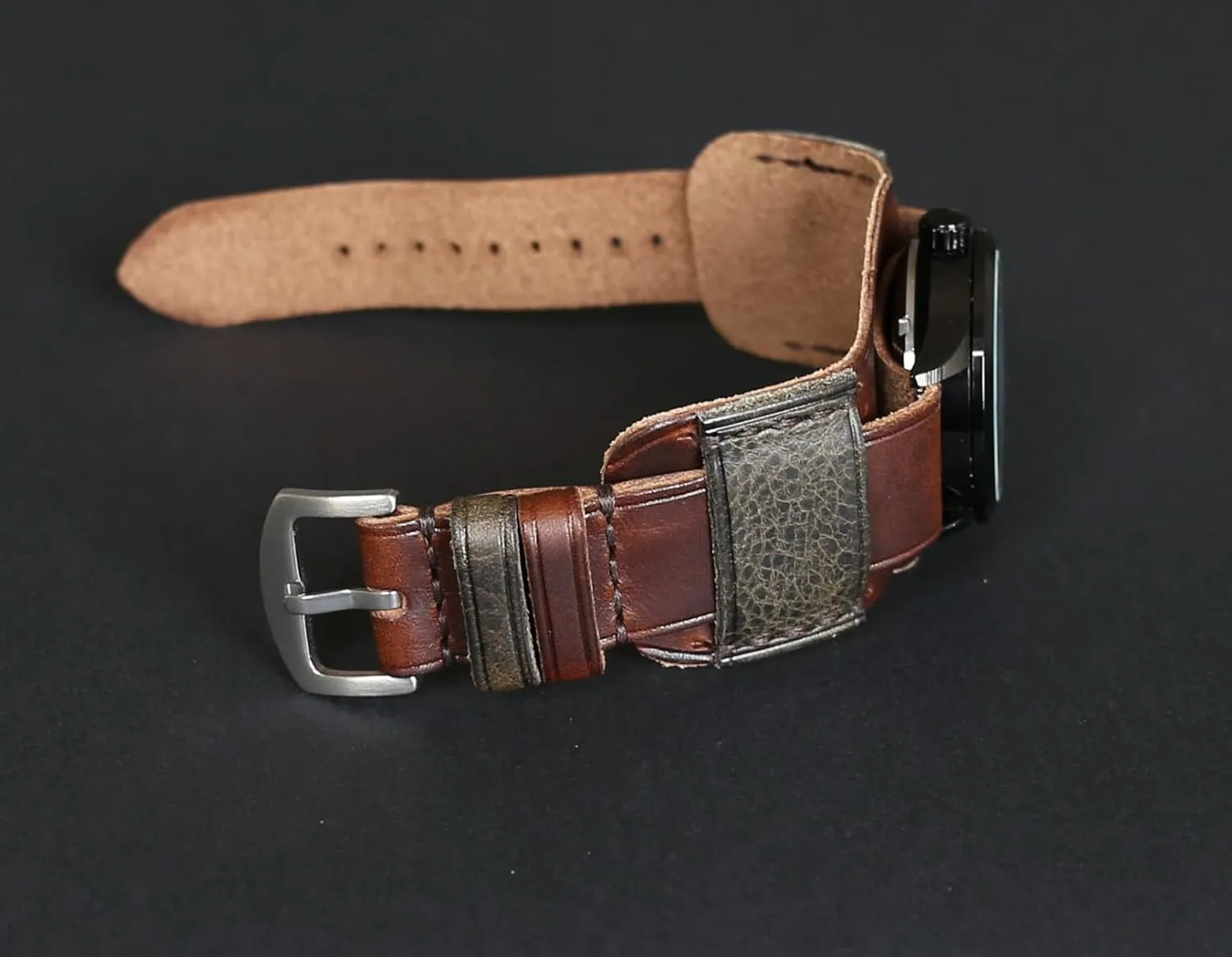 competition Band | Military Bund | Full-Grain Italian Leather Watch Strap 18 20 22 24 26mm | Vintage Pilot & Aviator Style | Brown Single-Pass band Handmade Leather Cuff Watch 