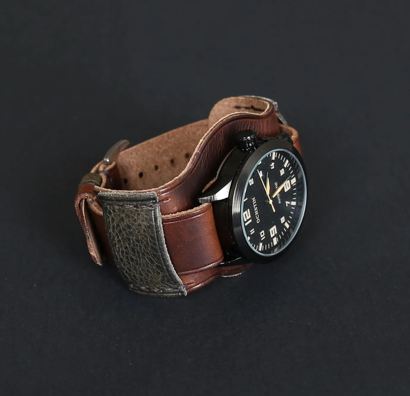 competition Band | Military Bund | Full-Grain Italian Leather Watch Strap 18 20 22 24 26mm | Vintage Pilot & Aviator Style | Brown Single-Pass band Handmade Leather Cuff Watch 