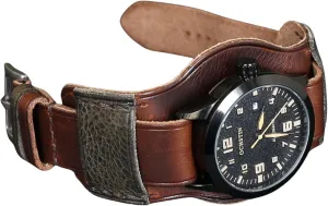 competition Band | Military Bund | Full-Grain Italian Leather Watch Strap 18 20 22 24 26mm | Vintage Pilot & Aviator Style | Brown Single-Pass band Handmade Leather Cuff Watch 