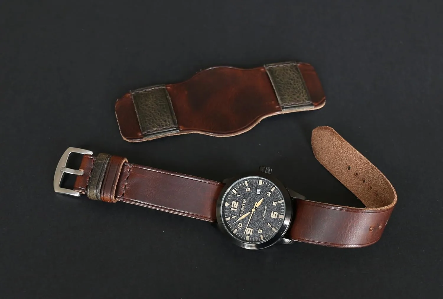 competition Band | Military Bund | Full-Grain Italian Leather Watch Strap 18 20 22 24 26mm | Vintage Pilot & Aviator Style | Brown Single-Pass band Handmade Leather Cuff Watch 
