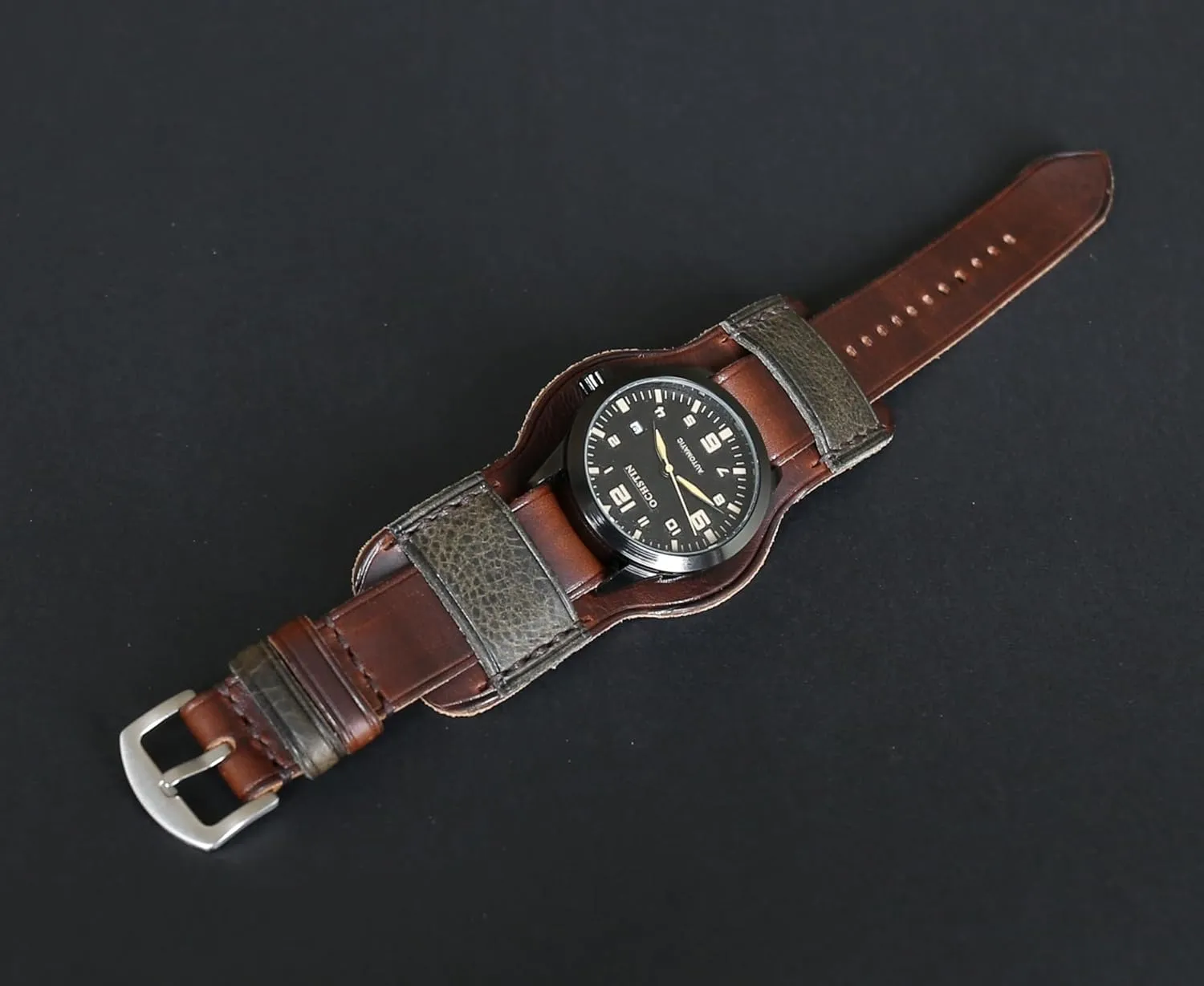 competition Band | Military Bund | Full-Grain Italian Leather Watch Strap 18 20 22 24 26mm | Vintage Pilot & Aviator Style | Brown Single-Pass band Handmade Leather Cuff Watch 