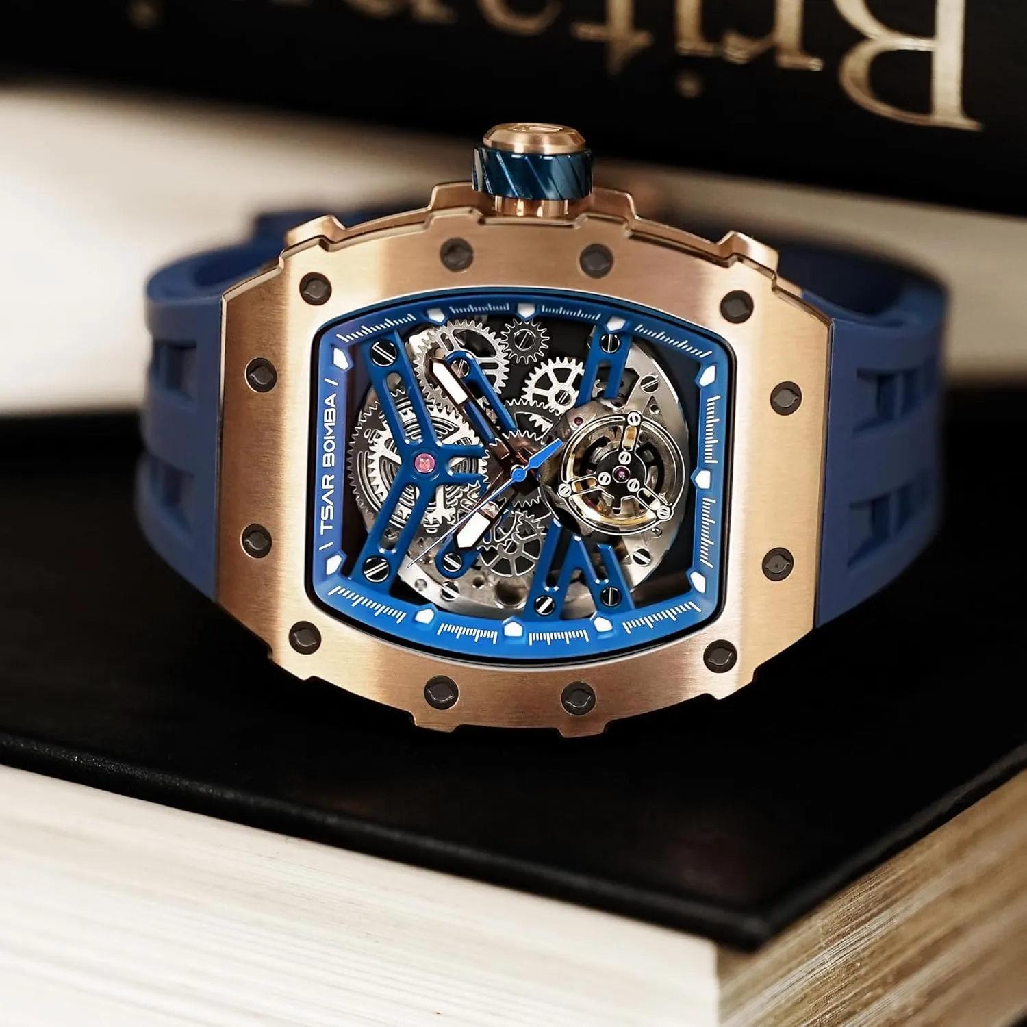 Cool Square Big Face Dial Wristwatch with Silicone Strap Band Men's Automatic Watch Tonneau Luxury Skeleton Watches for Men alumnus observe deport maser survive Mechanical 50M Waterproof Analogue Watches Mens Unique 