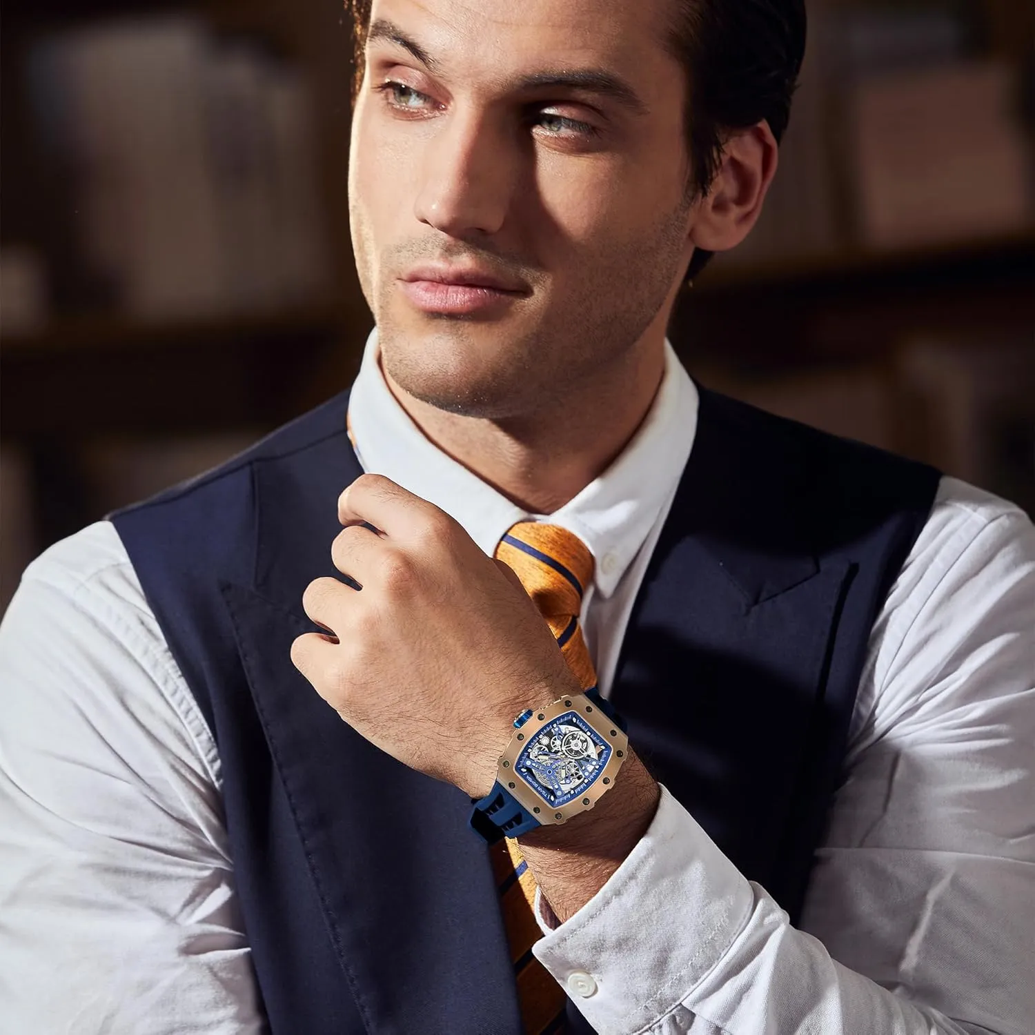 Cool Square Big Face Dial Wristwatch with Silicone Strap Band Men's Automatic Watch Tonneau Luxury Skeleton Watches for Men alumnus observe deport maser survive Mechanical 50M Waterproof Analogue Watches Mens Unique 
