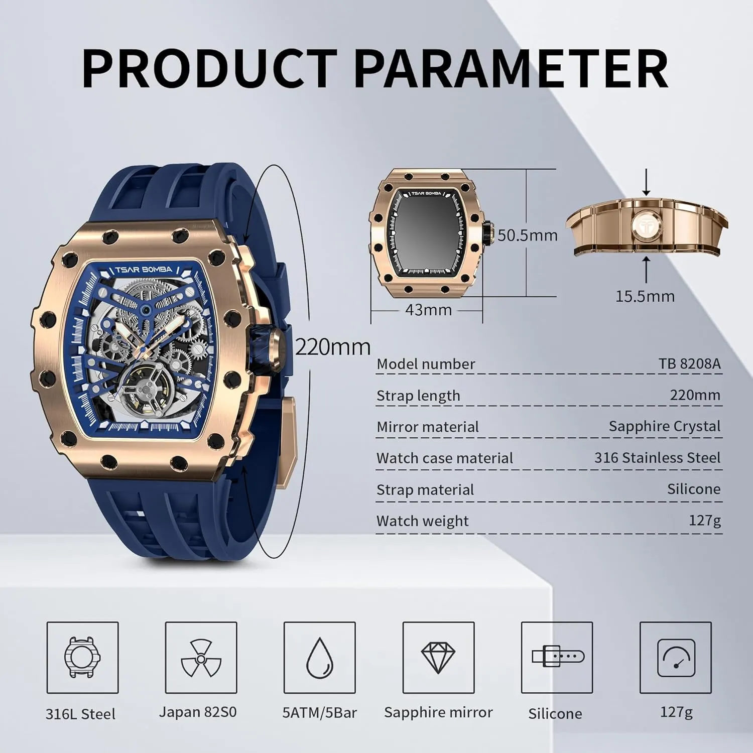 Cool Square Big Face Dial Wristwatch with Silicone Strap Band Men's Automatic Watch Tonneau Luxury Skeleton Watches for Men alumnus observe deport maser survive Mechanical 50M Waterproof Analogue Watches Mens Unique 