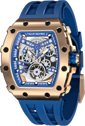 Cool Square Big Face Dial Wristwatch with Silicone Strap Band Men's Automatic Watch Tonneau Luxury Skeleton Watches for Men alumnus observe deport maser survive Mechanical 50M Waterproof Analogue Watches Mens Unique 