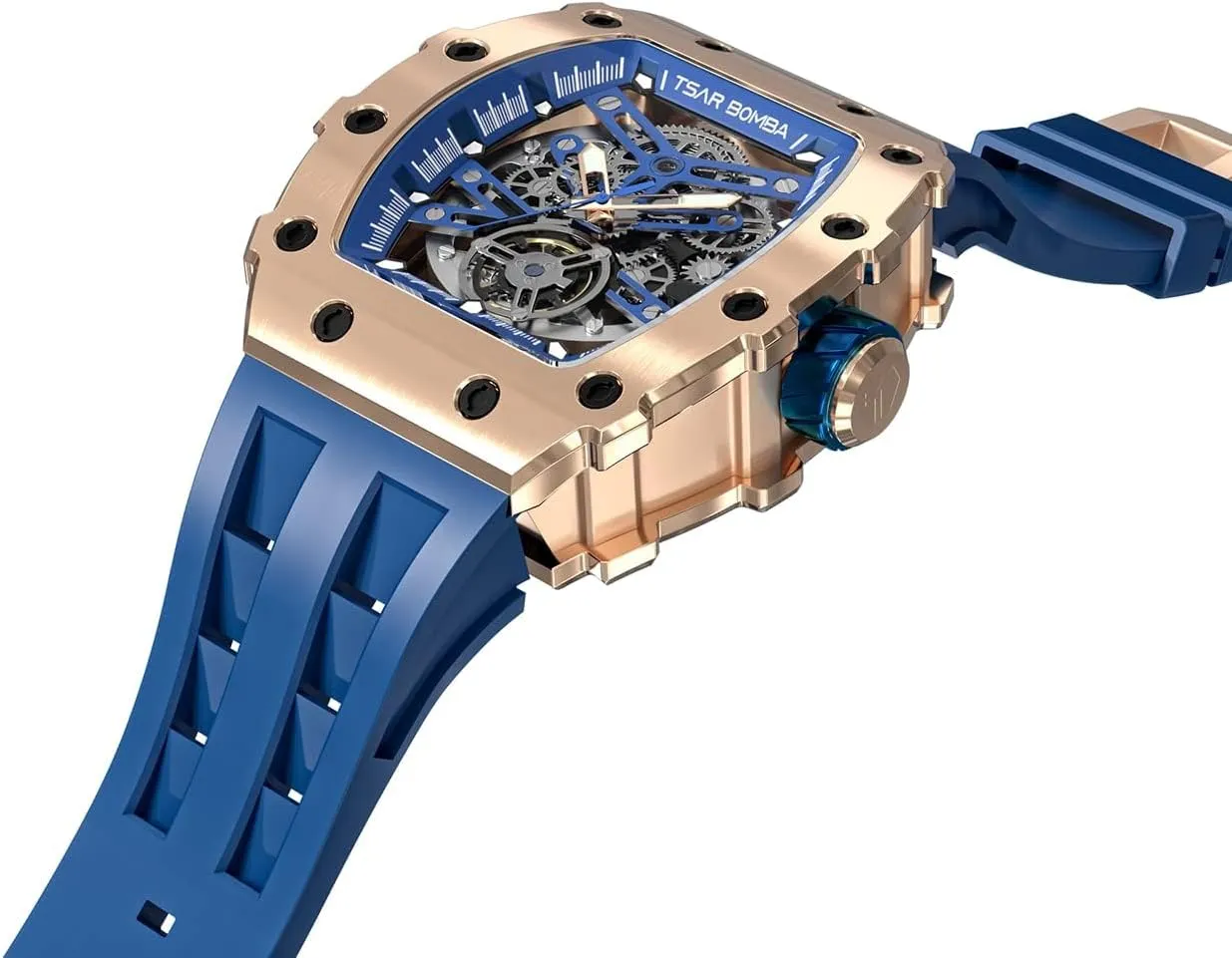 Cool Square Big Face Dial Wristwatch with Silicone Strap Band Men's Automatic Watch Tonneau Luxury Skeleton Watches for Men alumnus observe deport maser survive Mechanical 50M Waterproof Analogue Watches Mens Unique 