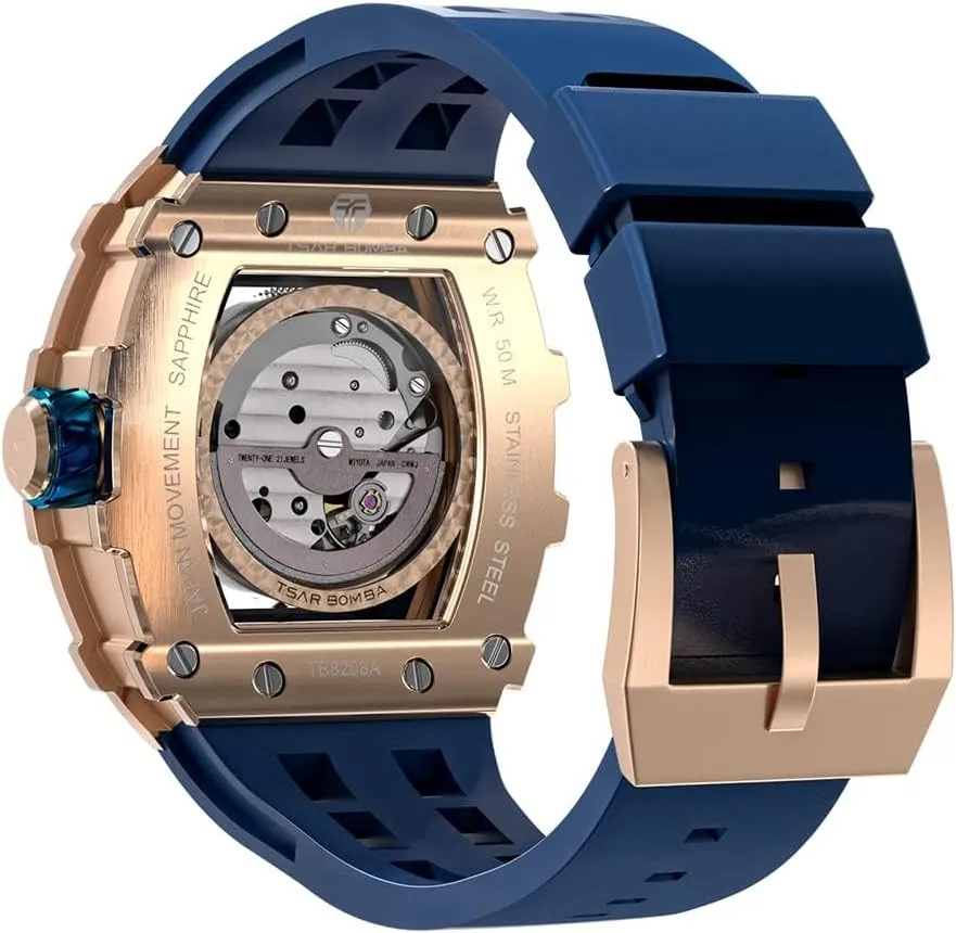 Cool Square Big Face Dial Wristwatch with Silicone Strap Band Men's Automatic Watch Tonneau Luxury Skeleton Watches for Men alumnus observe deport maser survive Mechanical 50M Waterproof Analogue Watches Mens Unique 