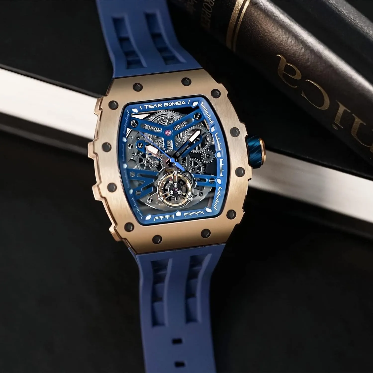 Cool Square Big Face Dial Wristwatch with Silicone Strap Band Men's Automatic Watch Tonneau Luxury Skeleton Watches for Men alumnus observe deport maser survive Mechanical 50M Waterproof Analogue Watches Mens Unique 