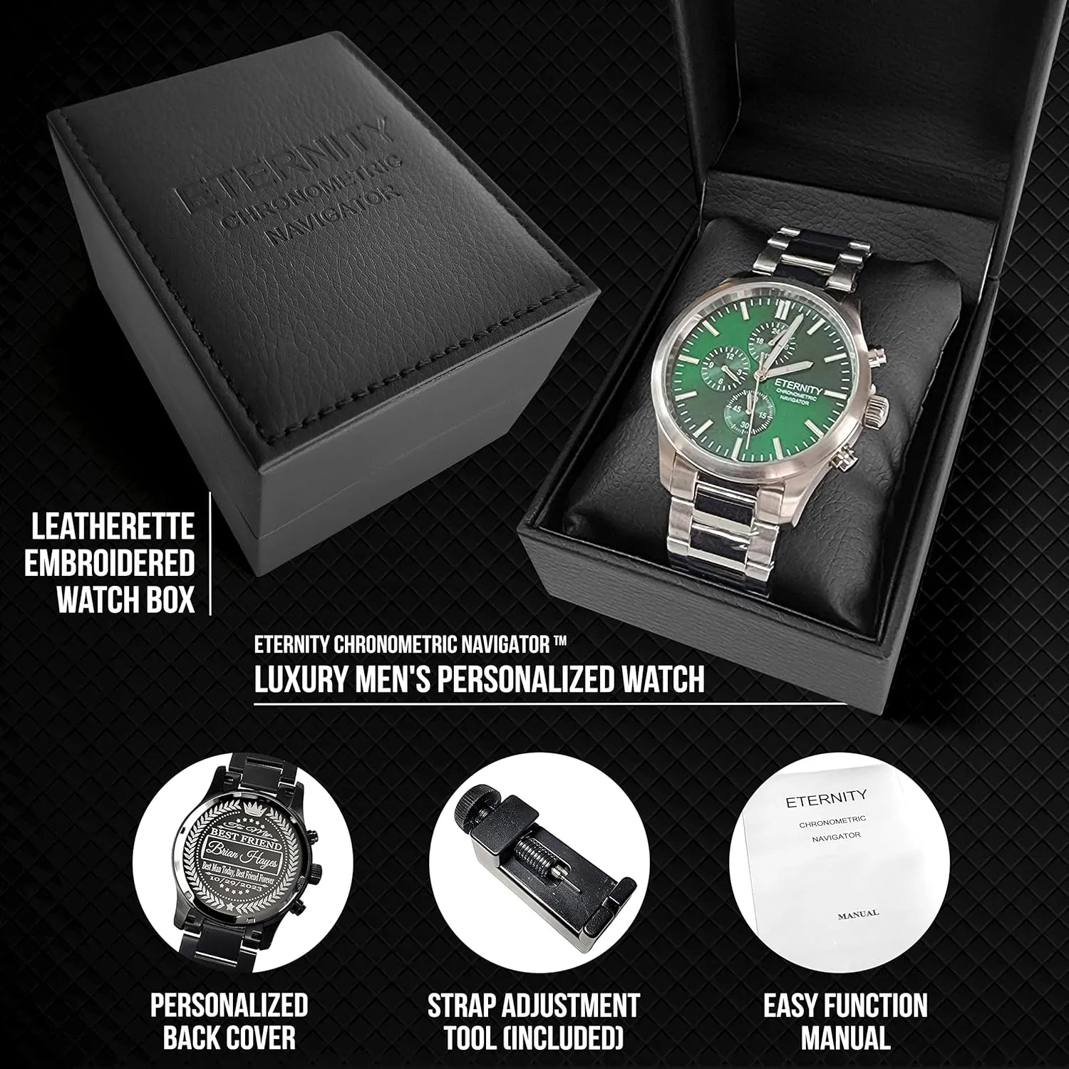 cover. (Black/black dial) engraved scenery loyally burin watch. Personalized multi function wrist watch, men's gifts, engraved back 