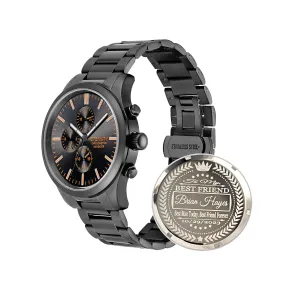 cover. (Black/black dial) engraved scenery loyally burin watch. Personalized multi function wrist watch, men's gifts, engraved back 