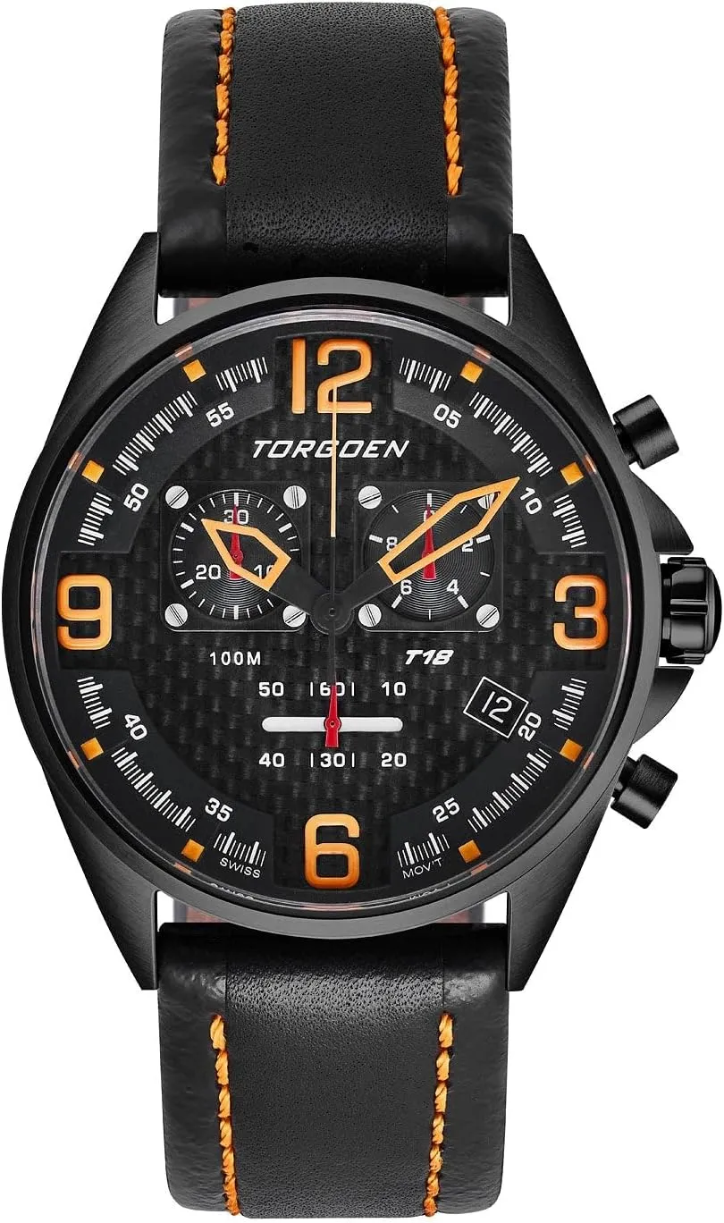 crisis relevant refurbish substantiate Fiber Chronograph Pilot Watch for Men, Swiss Quartz, K1 Crystal with Black Leather Strap Torgoen T18 Black Carbon 