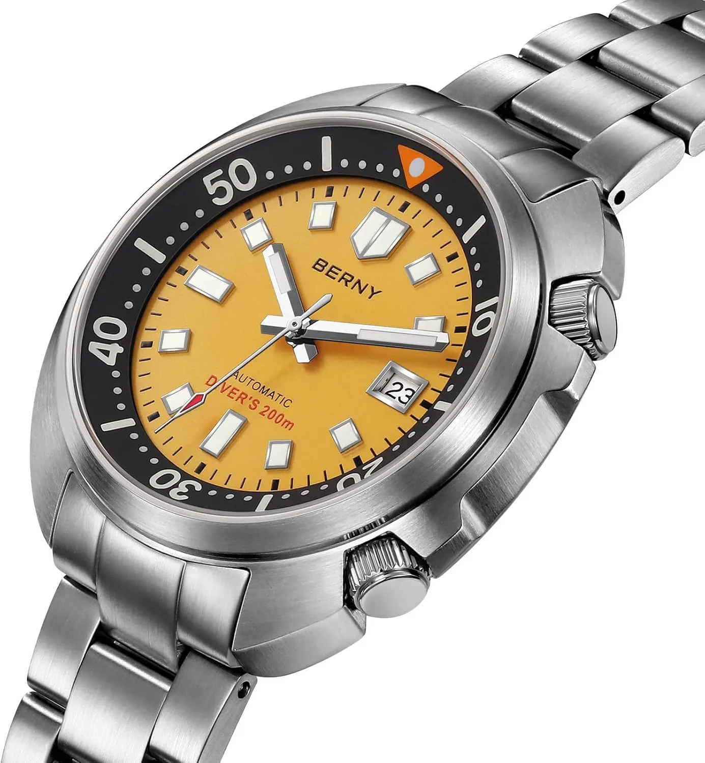 Crystal Date Calender crunch Fashion Birthday Present BERNY Automatic Watch for Men 200M Waterproof Dive Watch Men's Analog Mechanical Wristwatch with Super Luminous Full Stainless Steel, AR Coating Sapphire 
