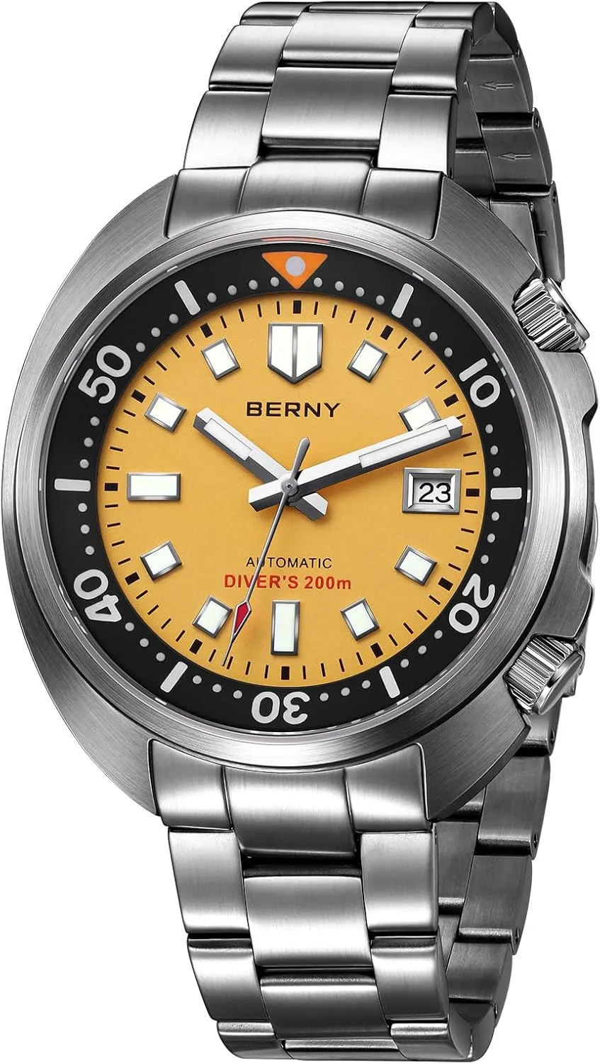 Crystal Date Calender crunch Fashion Birthday Present BERNY Automatic Watch for Men 200M Waterproof Dive Watch Men's Analog Mechanical Wristwatch with Super Luminous Full Stainless Steel, AR Coating Sapphire 