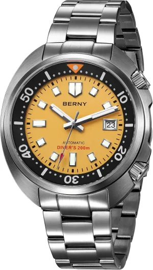 Crystal Date Calender crunch Fashion Birthday Present BERNY Automatic Watch for Men 200M Waterproof Dive Watch Men's Analog Mechanical Wristwatch with Super Luminous Full Stainless Steel, AR Coating Sapphire 