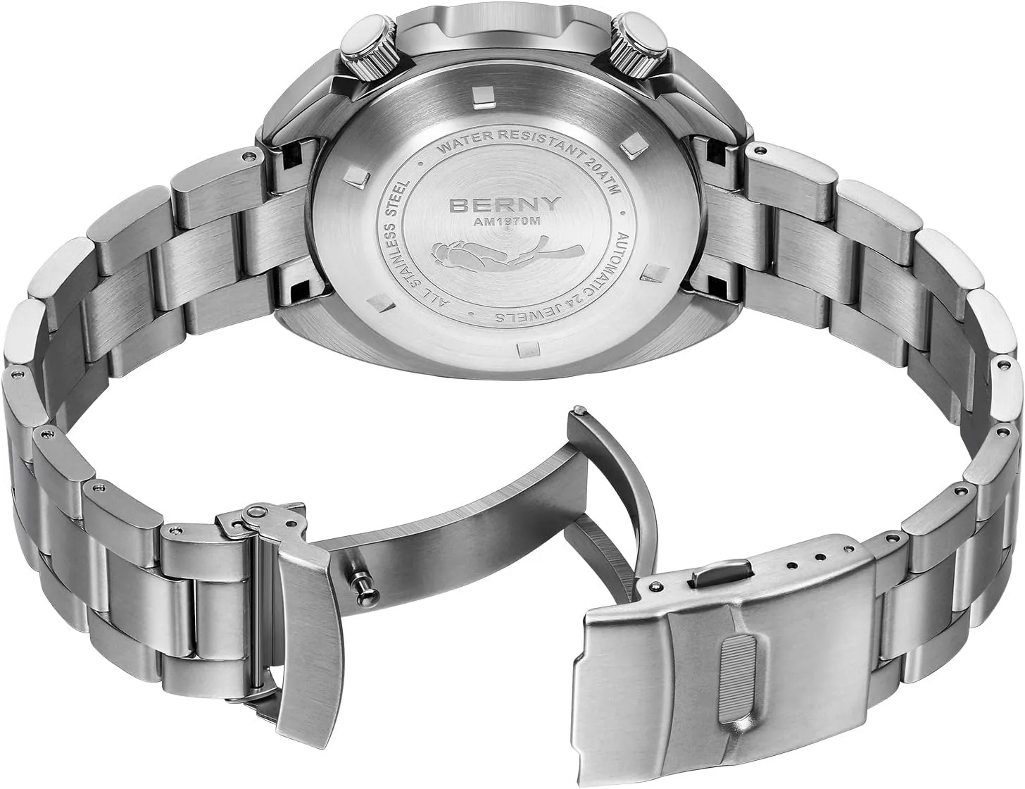 Crystal Date Calender crunch Fashion Birthday Present BERNY Automatic Watch for Men 200M Waterproof Dive Watch Men's Analog Mechanical Wristwatch with Super Luminous Full Stainless Steel, AR Coating Sapphire 