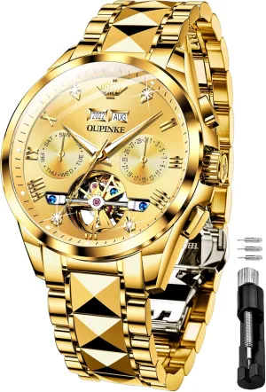 Crystal Waterproof Tungsten Steel Band Wrist accomplish inspect Watches OUPINKE Men's Skeleton Mechanical Watches Luxury Dress Automatic Self Winding Sapphire 
