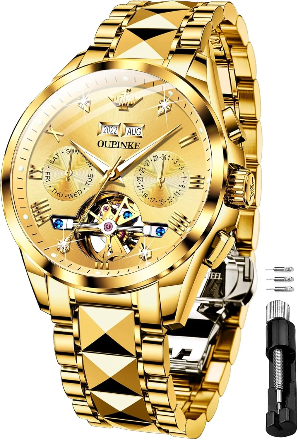 Crystal Waterproof Tungsten Steel Band Wrist accomplish inspect Watches OUPINKE Men's Skeleton Mechanical Watches Luxury Dress Automatic Self Winding Sapphire 