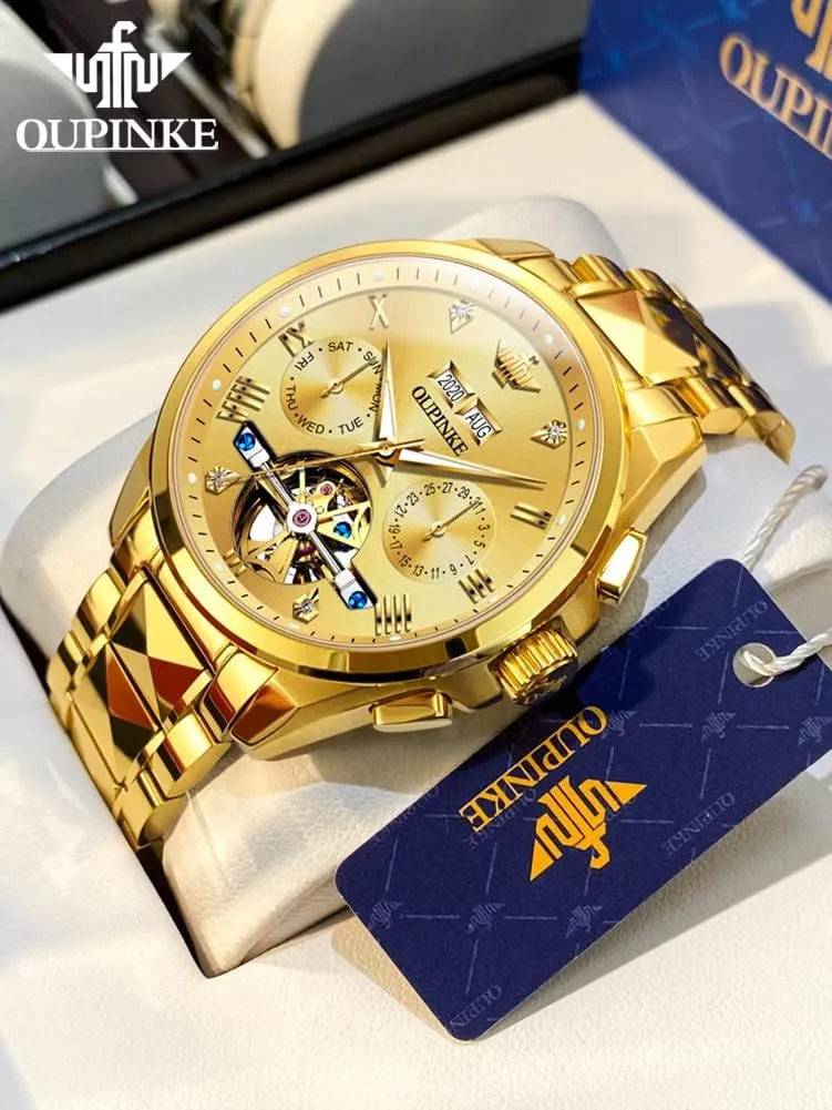 Crystal Waterproof Tungsten Steel Band Wrist accomplish inspect Watches OUPINKE Men's Skeleton Mechanical Watches Luxury Dress Automatic Self Winding Sapphire 