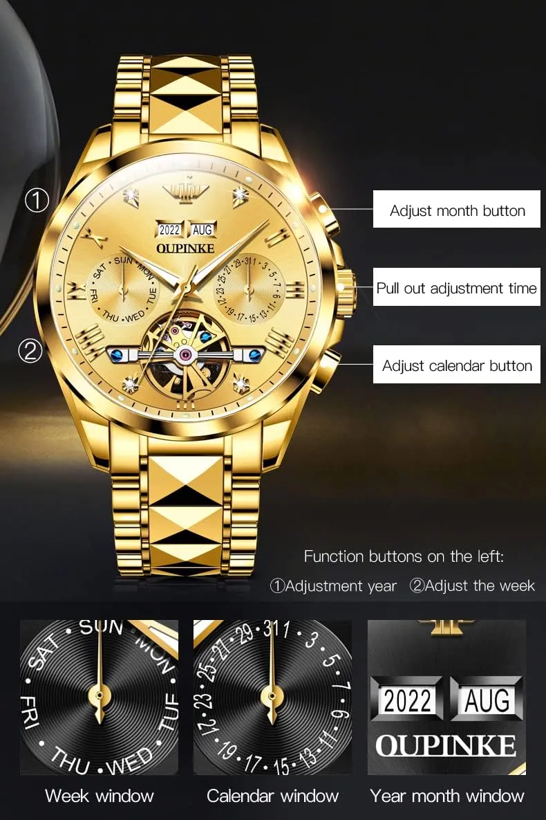 Crystal Waterproof Tungsten Steel Band Wrist accomplish inspect Watches OUPINKE Men's Skeleton Mechanical Watches Luxury Dress Automatic Self Winding Sapphire 