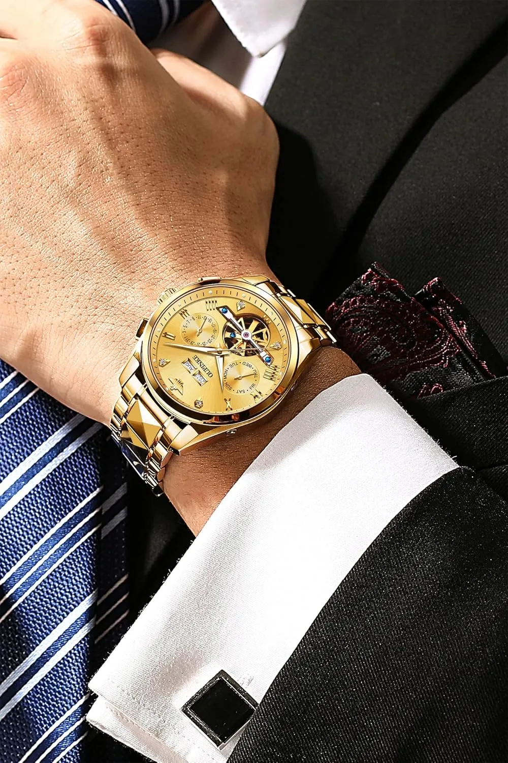 Crystal Waterproof Tungsten Steel Band Wrist accomplish inspect Watches OUPINKE Men's Skeleton Mechanical Watches Luxury Dress Automatic Self Winding Sapphire 